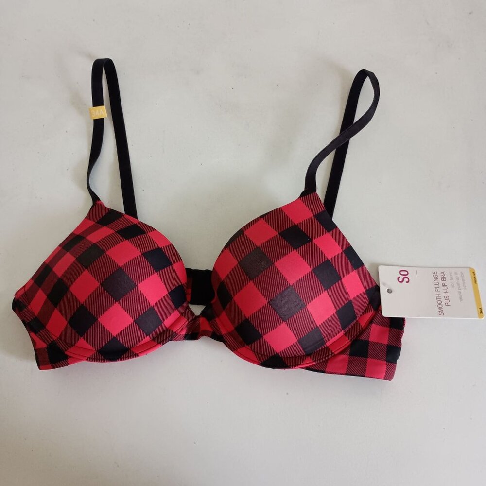 NWT So red buffalo plaid smooth plunge push up bra size 34A